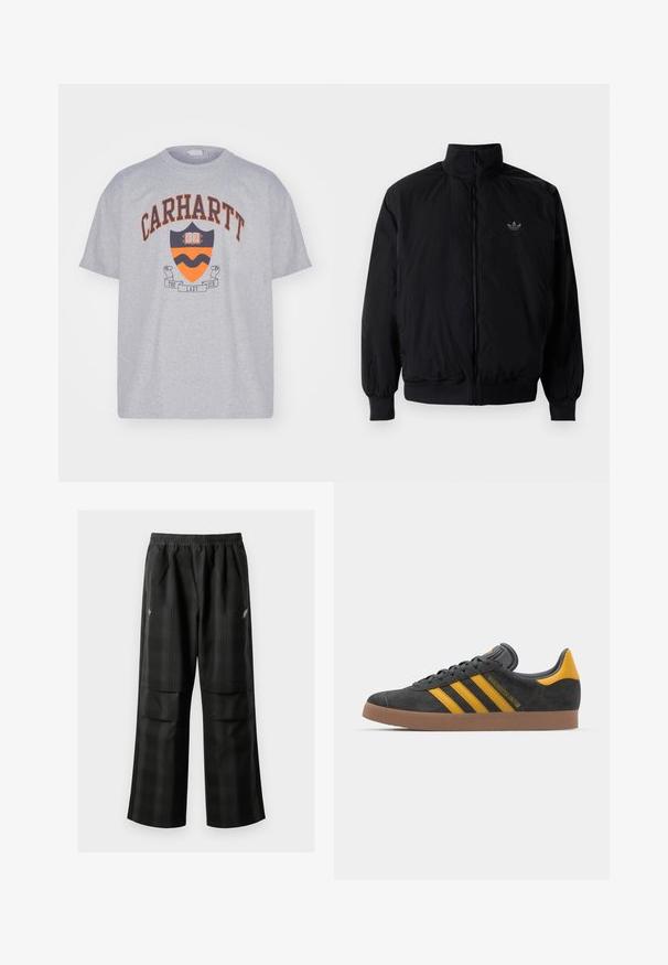 Zwarte geluiting jack met hoge kraag, gemaakt van lichtgewicht materiaal. Voorzien van elastische manchetten en tailleband, met een klein logo op de linkerbovenkant.; Carhartt WIP LAZY DUCK ACADEMY - T-shirt print - grey heather stone washed; Zwarte geruite broek met een elastische tailleband, twee voorzakken en een losse pasvorm met een rechte pijpdesign. Gemaakt van lichtgewicht materiaal.; Zwarte suède sneakers met gele accenten, voorzien van drie strepen en een bruine rubberen zool. Inclusief een gevoerde tong voor comfort.