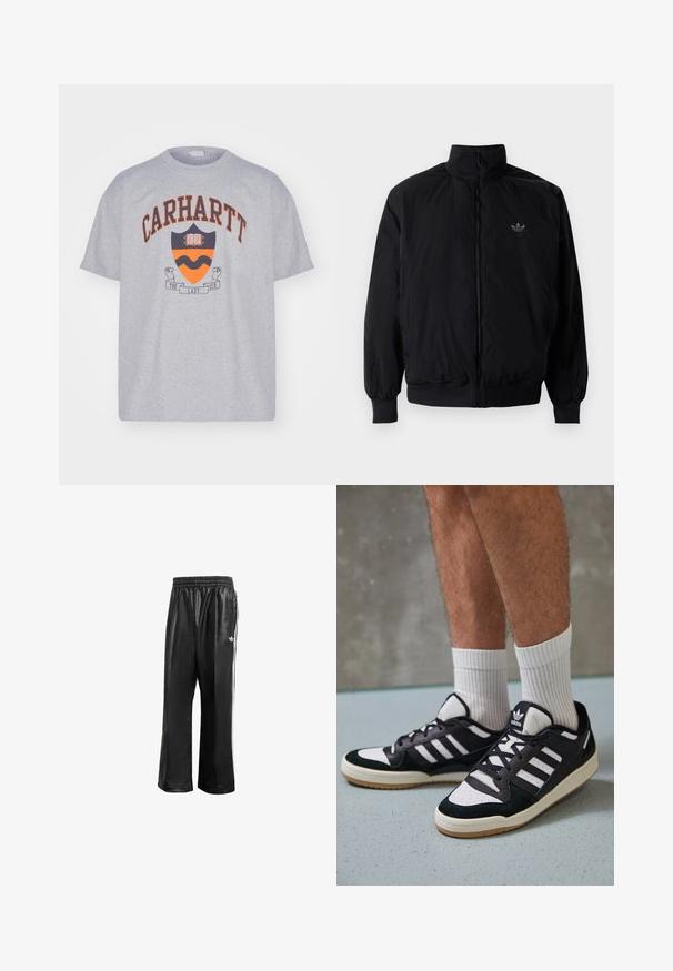 Black zipped jacket with high collar, made of lightweight material. Features elastic cuffs and waistband, with a small logo on the upper left.; Carhartt WIP LAZY DUCK ACADEMY - Print T-shirt - grey heather stone washed; Black synthetic track pants with an elastic waistband, featuring white side stripes and a small white logo on the left hip.; Black and white sneakers with a suede and leather upper, featuring three white stripes, a perforated toe, and a gum rubber sole.