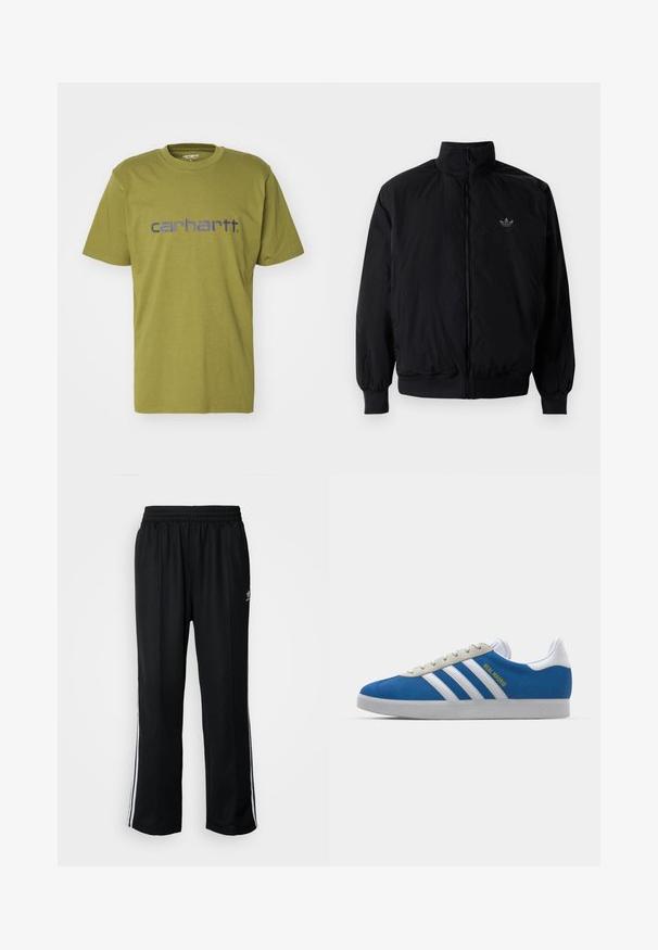 Black zipped jacket with high collar, made of lightweight material. Features elastic cuffs and waistband, with a small logo on the upper left.; Olive green cotton t-shirt featuring a rounded neckline and short sleeves, with a blue "carhartt." logo across the chest.; Black athletic pants with an elastic waistband, featuring white side stripes and a small logo. Material appears soft and lightweight.; adidas Originals ADIDAS GAZELLE SHOES - Indoor football boots - real madrid/bluebird/footwear white/crew yellow