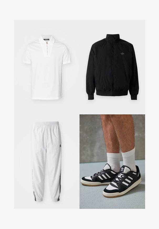 Černá zipová bunda s vysokým límcem, vyrobená z lehkého materiálu. Má elastické manžety a pas, s malým logem na horní levé straně.; Bílá polo košile z bavlny, s uzavíráním na zip a charakteristickým designem límce. Žádné vzory nebo akcenty nejsou viditelné.; Bílé sportovní kalhoty s černými bočními pruhy, elastickým pasem a manžetami; na levém stehně je logo Adidas. Hladká textilie.; Černobílé tenisky s vrchní částí z semišové a kožené kůže, včetně tří bílých pruhů, perforovaného špičky a podrážky z gumy.