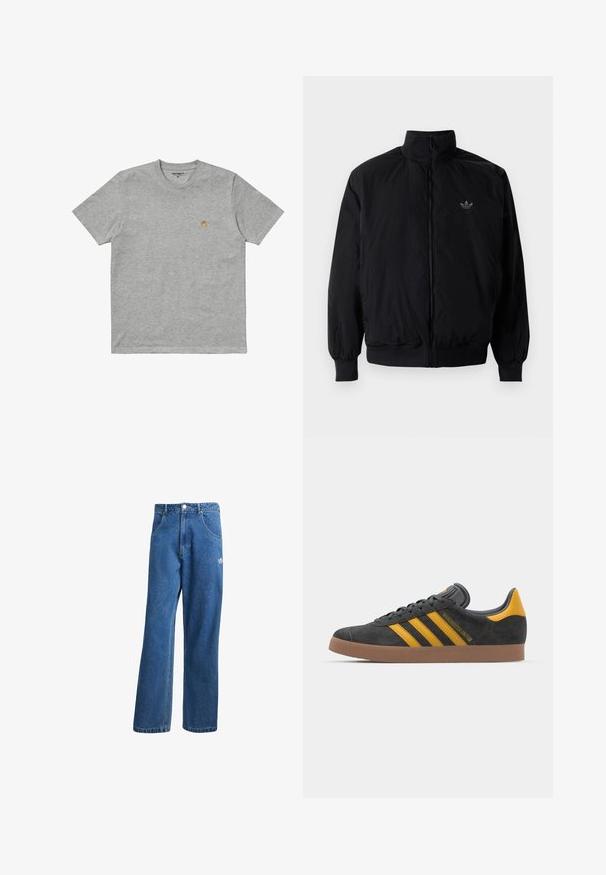 Chaqueta negra con cremallera y cuello alto, hecha de material ligero. Cuenta con puños y cinturilla elásticos, y un pequeño logo en la parte superior izquierda.; Carhartt WIP CHASE - Camiseta básica - grey; Vaqueros de mezclilla anchos de talle alto en azul, con bolsillos frontales, presillas para cinturón, cierre de botón y pequeño logo de Adidas en el muslo derecho.; Zapatillas de ante negro con acentos amarillos, que presentan tres franjas y una suela de goma marrón. Incluyen una lengüeta acolchada para mayor comodidad.