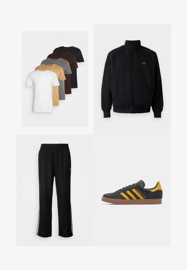 Svart zipjacka med hög krage, tillverkad av lätt material. Har elastiska cuffar och midja, med en liten logo på övre vänster.; Fem crew neck t-shirts i vitt, beige, grått, brunt och svart. Korta ärmar, standardpassform, tillverkade av mjukt bomullsmaterial.; Svarta träningsbyxor med elastisk midja, med vita sidostreck och en liten logotyp. Materialet verkar mjukt och lätt.; Svart mockaskor med gula accenter, med tre ränder och en brun gummisula. Inkluderar en vadderad tunga för extra komfort.