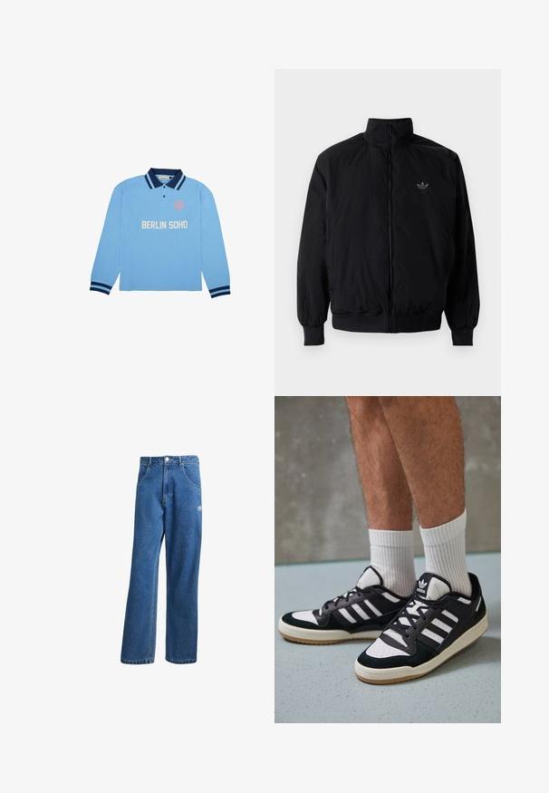 Černá zipová bunda s vysokým límcem, vyrobená z lehkého materiálu. Má elastické manžety a pas, s malým logem na horní levé straně.; Světle modrá polokošile s dlouhým rukávem, tmavě modrým límečkem a manžetami, obsahuje bílý text "BERLIN SOHO" a kulatý logo na levé části hrudi.; Modré vysoké široké džíny s vysokým pasem, předními kapsami, poutky na opasek, knoflíkovým zapínáním a malým logem Adidas na pravém stehně.; Černobílé tenisky s vrchní částí z semišové a kožené kůže, včetně tří bílých pruhů, perforovaného špičky a podrážky z gumy.