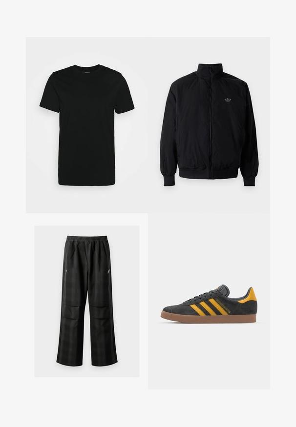 Musta vetoketjullinen takki, jossa on korkea kaulus, valmistettu kevyestä materiaalista. Varustettu joustavilla hihoilla ja vyötäröllä, ja ylävasemmalla on pieni logo.; Musta lyhythihainen T-paita, valmistettu sileästä puuvillakankaasta, jossa on pyöreä kaulus ja yksinkertainen muotoilu ilman kuvioita tai korostuksia.; Mustat ruudulliset housut, joissa on joustava vyötärö, kaksi etutaskua ja rento istuvuus suoralla lahkeella. Valmistettu kevyestä materiaalista.; Mustat samettiset tennarit, joissa on keltaisia yksityiskohtia, kolmonen raita ja ruskea kumipohja. Sisältää pehmustetun kielisen mukavuutta varten.