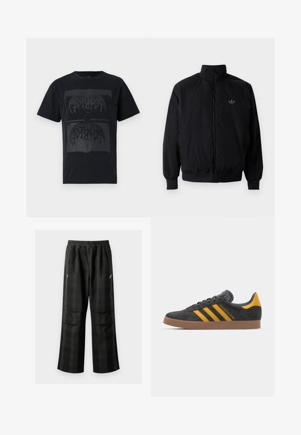 Black zipped jacket with high collar, made of lightweight material. Features elastic cuffs and waistband, with a small logo on the upper left.; Black cotton t-shirt featuring a large dark graphic design with abstract shapes and lines centered on the front. Short sleeves and round neck.; Black plaid pants featuring an elastic waistband, two front pockets, and a loose fit with a straight leg design. Made from lightweight material.; Black suede sneaker with yellow accents, featuring three stripes and a brown rubber sole. Includes a padded tongue for comfort.