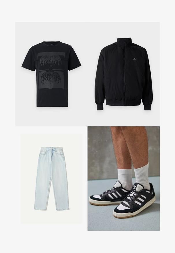 Svart zipjacka med hög krage, tillverkad av lätt material. Har elastiska cuffar och midja, med en liten logo på övre vänster.; Svart bomullströja med en stor mörk grafisk design med abstrakta former och linjer centrerade på framsidan. Korta ärmar och rund hals.; Ljust blå denimjeans med avslappnad passform, raka ben, femfickorsdesign och subtila blekningar på tyget.; Svartvita sneakers med ovandel i mocka och läder, med tre vita ränder, perforerad tå och sula av gummigummi.