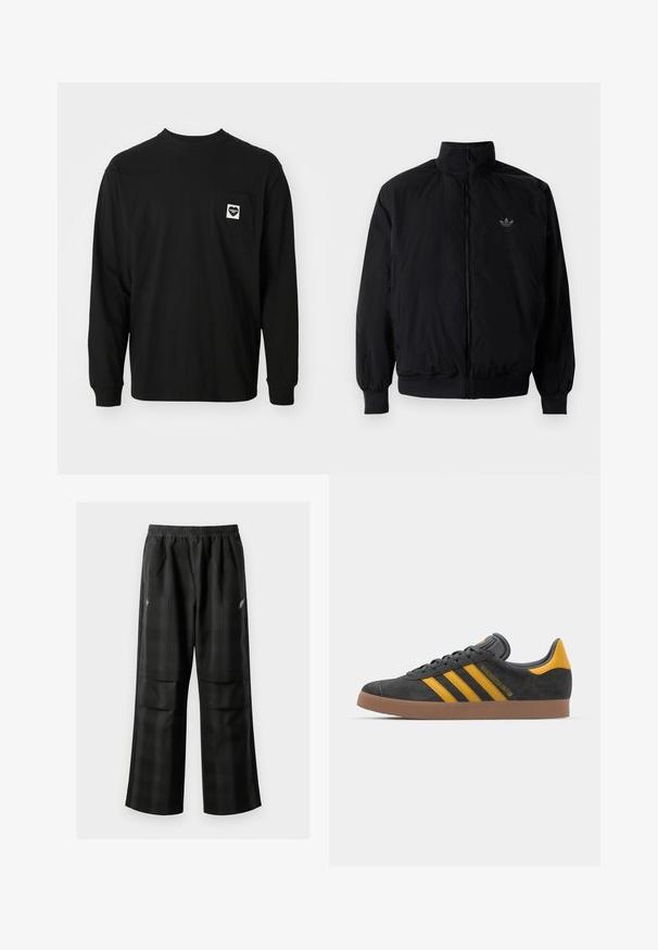 Crna jakna na zip s visokim ovratnikom, izrađena od laganog materijala. Ima elastične manžete i pojas, s malim logotipom na gornjem lijevom dijelu.; Crna majica dugih rukava od pamuka, s okruglim izrezom i džepom na prsima s logotipom srca i natpisom.; Crne karirane hlače s elastičnom urezom, dva prednja džepa i ležernim krojem s ravnim nogavicama. Izrađene su od laganog materijala.; Crne nubuk tenisice s žutim detaljima, sa tri pruge i smešnim gumenim potplatom. Imaju jastučić na jeziku za udobnost.