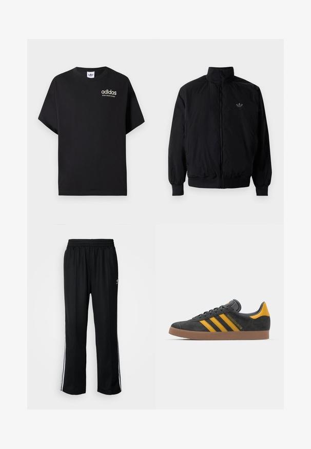 Black zipped jacket with high collar, made of lightweight material. Features elastic cuffs and waistband, with a small logo on the upper left.; Black cotton t-shirt with short sleeves, featuring a crew neck and white Adidas logo with "SPORT DESIGN STUDIO" in gold. Smooth texture.; Black athletic pants with an elastic waistband, featuring white side stripes and a small logo. Material appears soft and lightweight.; Black suede sneaker with yellow accents, featuring three stripes and a brown rubber sole. Includes a padded tongue for comfort.