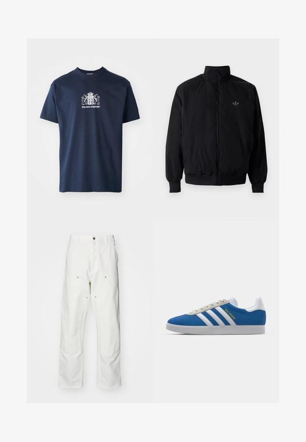 Svart zipjacka med hög krage, tillverkad av lätt material. Har elastiska cuffar och midja, med en liten logo på övre vänster.; Mörkblå bomulls-t-shirt med korta ärmar, rund halsringning och en vit grafik med ett vapen och texten "de nya originalen."; Vita bomullscargo Byxor med en avslappnad passform. Funktioner inkluderar framfickor, guld Accentdetaljer och förstärkta knäsektioner.; adidas Originals ADIDAS GAZELLE SHOES - Inomhusfotbollsskor - real madrid/bluebird/footwear white/crew yellow