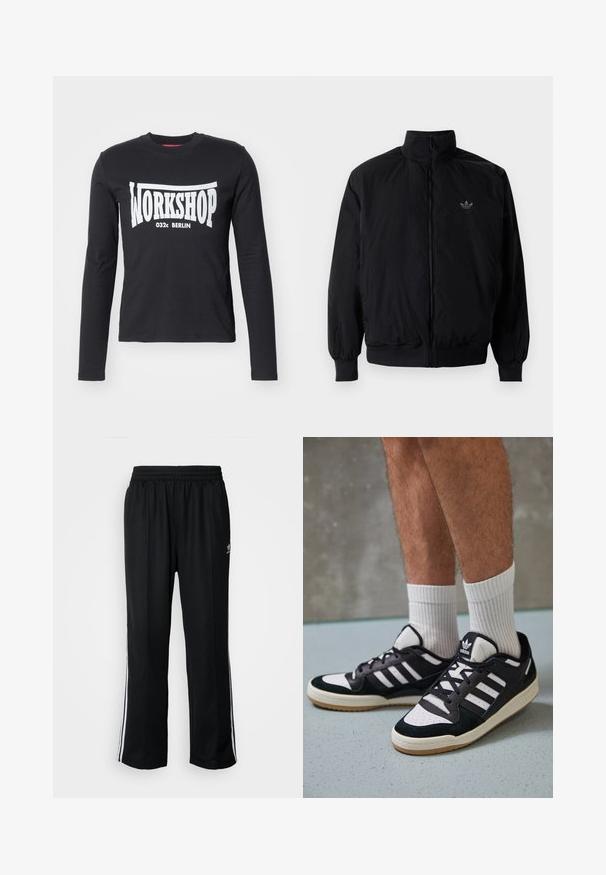 Musta vetoketjullinen takki, jossa on korkea kaulus, valmistettu kevyestä materiaalista. Varustettu joustavilla hihoilla ja vyötäröllä, ja ylävasemmalla on pieni logo.; Musta pitkähihainen T-paita, joka on valmistettu puuvillasta, ja jossa on suuri valkoinen "WORKSHOP 032c BERLIN" -grafiikka edessä. Tämä paita on sileä ja siinä on pyöreä pääntie.; Mustat urheiluhousut, joissa on joustava vyötärö, valkoiset sivuraidat ja pieni logo. Materiaali näyttää pehmeältä ja kevyeltä.; Valkoiset ja mustat tennarit, joissa on mokkanahka- ja nahkapäällinen, kolme valkoista raitaa, rei'itetty kärki ja kumipohja.