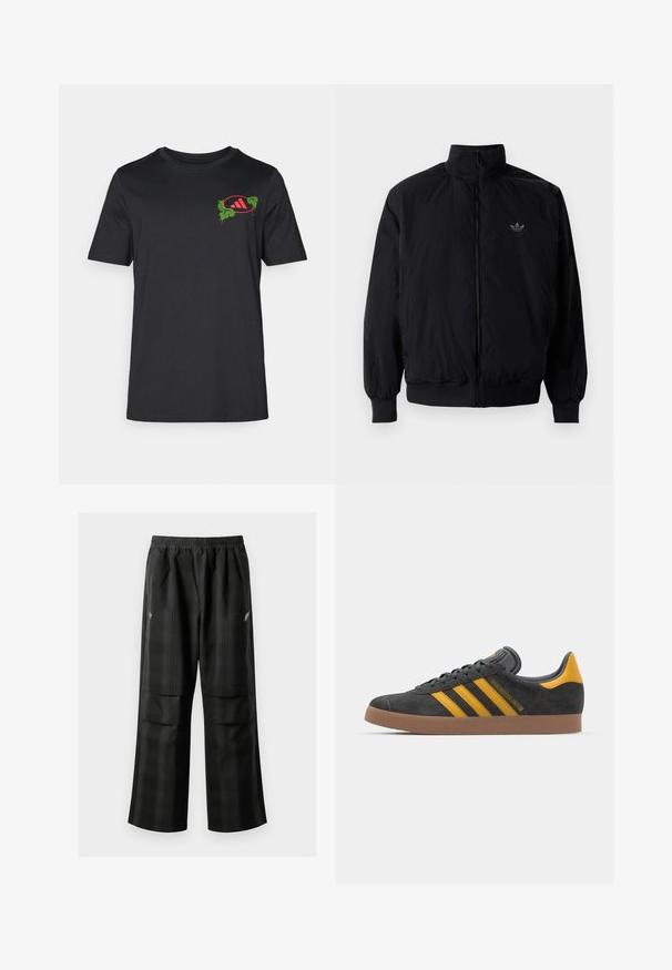 Black zipped jacket with high collar, made of lightweight material. Features elastic cuffs and waistband, with a small logo on the upper left.; Black cotton t-shirt with a crew neck. Features a vibrant green and red graphic design on the left chest, incorporating palm leaves and logo.; Black plaid pants featuring an elastic waistband, two front pockets, and a loose fit with a straight leg design. Made from lightweight material.; Black suede sneaker with yellow accents, featuring three stripes and a brown rubber sole. Includes a padded tongue for comfort.