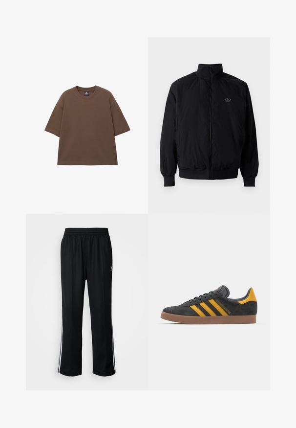 Zwarte geluiting jack met hoge kraag, gemaakt van lichtgewicht materiaal. Voorzien van elastische manchetten en tailleband, met een klein logo op de linkerbovenkant.; Bruine oversize t-shirt van zachte katoen, met een ronde halslijn en korte mouwen. Naadloos ontwerp zonder extra patronen of accenten.; Zwarte sportbroeken met een elastische tailleband, voorzien van witte zijkanten en een klein logo. Het materiaal lijkt zacht en lichtgewicht te zijn.; Zwarte suède sneakers met gele accenten, voorzien van drie strepen en een bruine rubberen zool. Inclusief een gevoerde tong voor comfort.