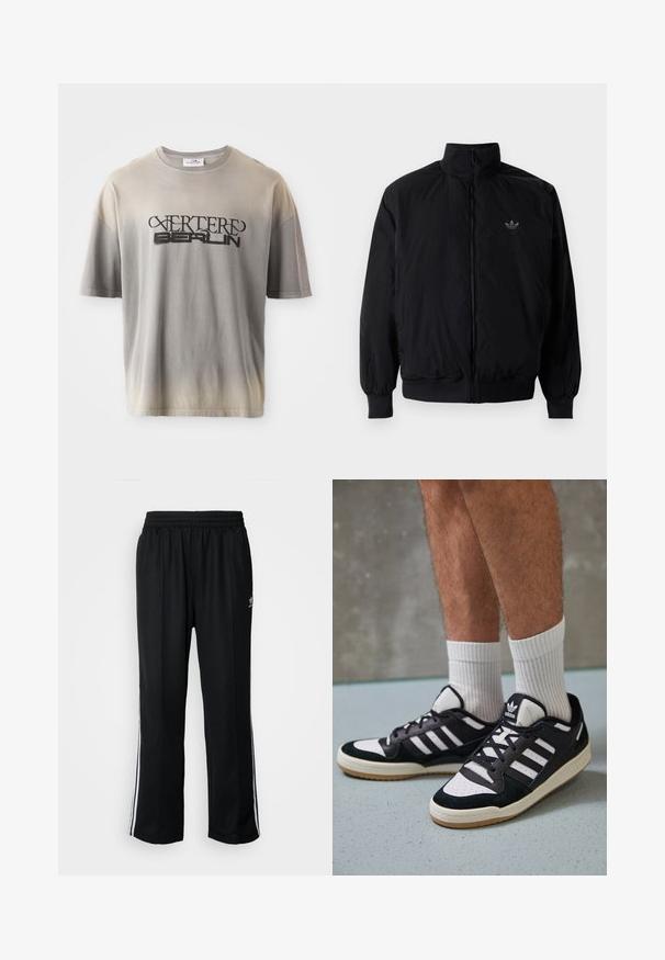 Chaqueta negra con cremallera y cuello alto, hecha de material ligero. Cuenta con puños y cinturilla elásticos, y un pequeño logo en la parte superior izquierda.; Camiseta de algodón en degradado gris, con mangas cortas, que presenta una impresión negra de "VERTERE BERLIN" en una tipografía estilizada, textura suave y corte relajado.; Pantalones deportivos negros con cintura elástica, que presentan rayas laterales blancas y un pequeño logotipo. El material parece suave y ligero.; Zapatillas en blanco y negro con parte superior de ante y cuero, que presentan tres franjas blancas, una puntera perforada y una suela de goma.