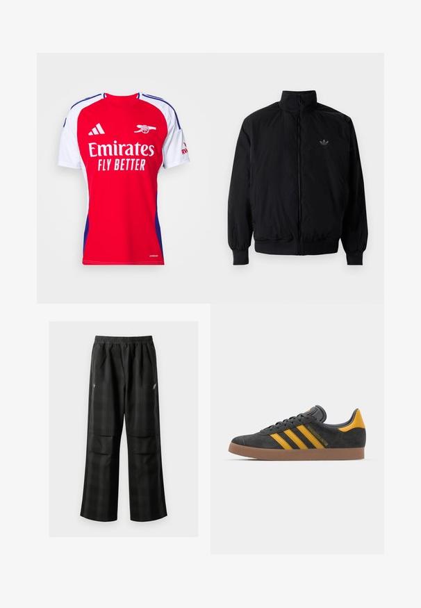 Black zipped jacket with high collar, made of lightweight material. Features elastic cuffs and waistband, with a small logo on the upper left.; Red and white athletic shirt with short sleeves, featuring a round neck, blue accents, and the "Emirates Fly Better" logo across the front.; Black plaid pants featuring an elastic waistband, two front pockets, and a loose fit with a straight leg design. Made from lightweight material.; Black suede sneaker with yellow accents, featuring three stripes and a brown rubber sole. Includes a padded tongue for comfort.