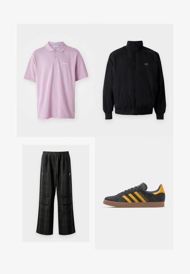 Black zipped jacket with high collar, made of lightweight material. Features elastic cuffs and waistband, with a small logo on the upper left.; Light purple polo shirt with a three-button placket, short sleeves, and a small white embroidered logo on the chest. Cotton material.; Black plaid pants featuring an elastic waistband, two front pockets, and a loose fit with a straight leg design. Made from lightweight material.; Black suede sneaker with yellow accents, featuring three stripes and a brown rubber sole. Includes a padded tongue for comfort.