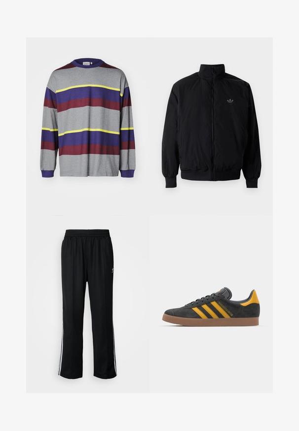 Svart zipjacka med hög krage, tillverkad av lätt material. Har elastiska cuffar och midja, med en liten logo på övre vänster.; Grå långärmad skjorta med horisontella ränder i burgundy, lila och gult. Rund halsringning och ribbade ärmslut. Slät textur.; Svarta träningsbyxor med elastisk midja, med vita sidostreck och en liten logotyp. Materialet verkar mjukt och lätt.; Svart mockaskor med gula accenter, med tre ränder och en brun gummisula. Inkluderar en vadderad tunga för extra komfort.