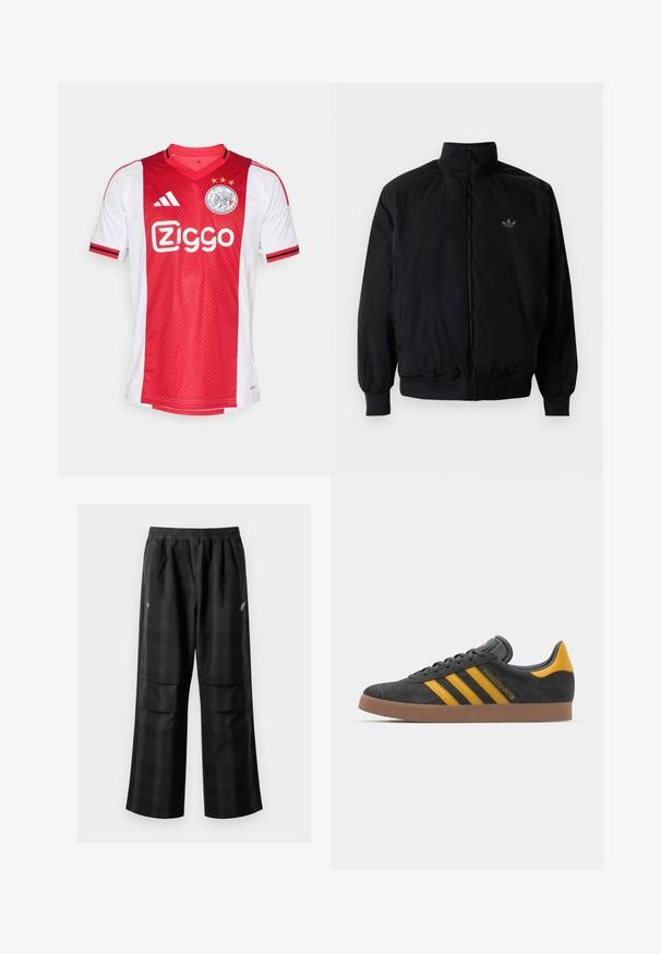 Black zipped jacket with high collar, made of lightweight material. Features elastic cuffs and waistband, with a small logo on the upper left.; Red and white football jersey featuring a v-neck collar, zigzag accents, and three stars above a circular logo and the "Ziggo" brand.; Black plaid pants featuring an elastic waistband, two front pockets, and a loose fit with a straight leg design. Made from lightweight material.; Black suede sneaker with yellow accents, featuring three stripes and a brown rubber sole. Includes a padded tongue for comfort.