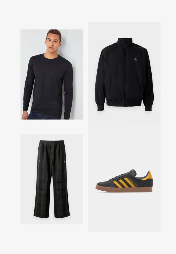 Černá zipová bunda s vysokým límcem, vyrobená z lehkého materiálu. Má elastické manžety a pas, s malým logem na horní levé straně.; Černé tričko s dlouhým rukávem vyrobené z bavlny s kulatým výstřihem, přiléhavými rukávy a hladkou texturou, nošené s modrými džínami.; Černé kostkované kalhoty s elastickým pasem, dvěma předními kapsami a volným střihem se rovnými nohavicemi. Vyrobeny z lehkého materiálu.; Černé semišové tenisky se žlutými akcenty, vybavené třemi pruhy a hnědou gumovou podrážkou. Obsahují polstrovaný jazyk pro pohodlí.