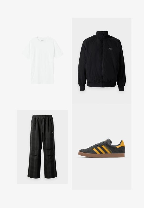 Zwarte geluiting jack met hoge kraag, gemaakt van lichtgewicht materiaal. Voorzien van elastische manchetten en tailleband, met een klein logo op de linkerbovenkant.; Witte katoenen t-shirt met een ronde hals en korte mouwen, met een gladde textuur en een relaxte pasvorm. Geen patronen of accenten zichtbaar.; Zwarte geruite broek met een elastische tailleband, twee voorzakken en een losse pasvorm met een rechte pijpdesign. Gemaakt van lichtgewicht materiaal.; Zwarte suède sneakers met gele accenten, voorzien van drie strepen en een bruine rubberen zool. Inclusief een gevoerde tong voor comfort.