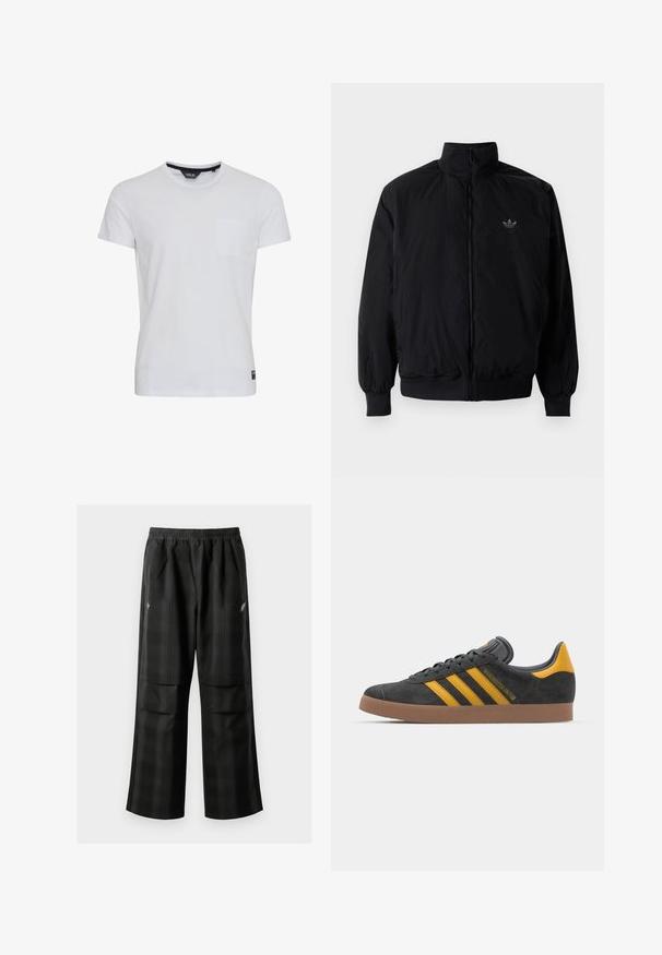 Black zipped jacket with high collar, made of lightweight material. Features elastic cuffs and waistband, with a small logo on the upper left.; White cotton T-shirt with short sleeves, a round neckline, and a left chest pocket. Features a tag on the bottom left. Smooth texture.; Black plaid pants featuring an elastic waistband, two front pockets, and a loose fit with a straight leg design. Made from lightweight material.; Black suede sneaker with yellow accents, featuring three stripes and a brown rubber sole. Includes a padded tongue for comfort.