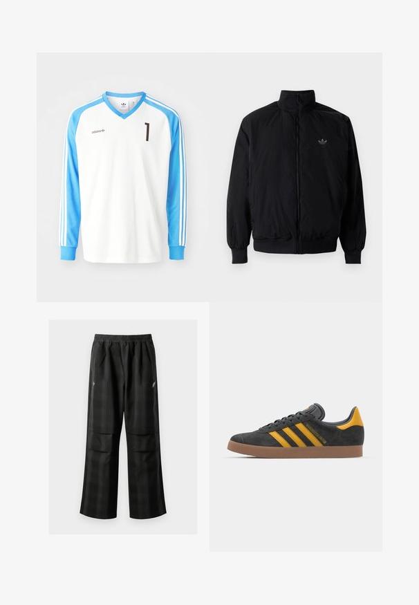 Crna jakna na zip s visokim ovratnikom, izrađena od laganog materijala. Ima elastične manžete i pojas, s malim logotipom na gornjem lijevom dijelu.; Bijela dugosleeve nogometna majica s svijetloplavim rukavima, s v-izrezom, crnim brojem "1" i Adidas logotipom na prsima i rukavima.; Crne karirane hlače s elastičnom urezom, dva prednja džepa i ležernim krojem s ravnim nogavicama. Izrađene su od laganog materijala.; Crne nubuk tenisice s žutim detaljima, sa tri pruge i smešnim gumenim potplatom. Imaju jastučić na jeziku za udobnost.