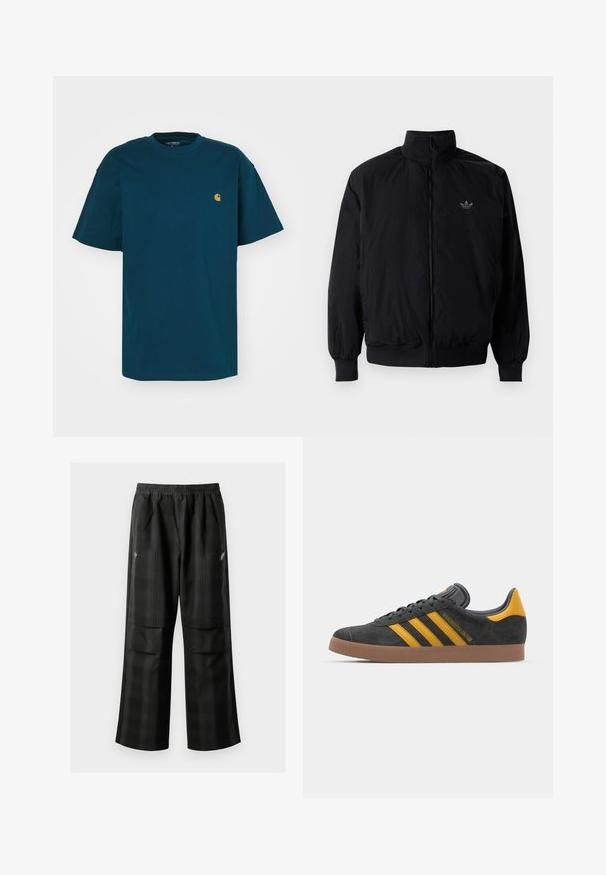 Black zipped jacket with high collar, made of lightweight material. Features elastic cuffs and waistband, with a small logo on the upper left.; Carhartt WIP CHASE - Basic T-shirt - duck blue/gold; Black plaid pants featuring an elastic waistband, two front pockets, and a loose fit with a straight leg design. Made from lightweight material.; Black suede sneaker with yellow accents, featuring three stripes and a brown rubber sole. Includes a padded tongue for comfort.