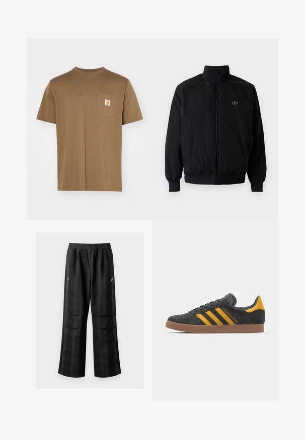 Čierna zips kombinéza s vysokým golierom, vyrobená z ľahkého materiálu. Obsahuje elastické manžety a pás, s malým logom na hornej ľavej strane.; Hnedé bavlnené tričko s okrúhlym výstrihom a krátkymi rukávmi. Obsahuje ľavú náprsné vrecko s bielou logovou nálepkou. Hladká textura.; Čierne kockované nohavice s elastickým pásom, dvoma prednými vreckami a voľným strihom so rovnými nohavicami. Vyrobené z ľahkého materiálu.; Čierne semišové tenisky so žltými akcentmi, ktoré majú tri pruhy a hnedú gumovú podrážku. Obsahujú vypolstrovaný jazyk pre pohodlie.
