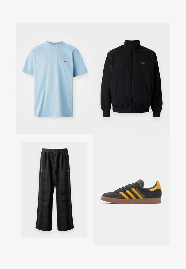 Giacca nera con zip e colletto alto, realizzata in materiale leggero. Presenta polsini e vita elastici, con un piccolo logo in alto a sinistra.; T-shirt azzurro chiaro a maniche corte in cotone, con colletto rotondo e un piccolo logo Carhartt multicolore sul lato sinistro del petto.; Pantaloni a quadri neri con vita elasticizzata, due tasche frontali e una vestibilità ampia con design a gamba dritta. Realizzati in materiale leggero.; Sneaker in suede nero con dettagli gialli, dotato di tre strisce e una suola in gomma marrone. Include una linguetta imbottita per il comfort.