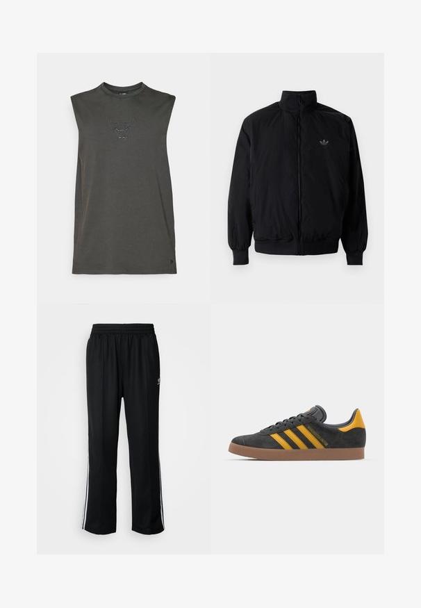Crna jakna na zip s visokim ovratnikom, izrađena od laganog materijala. Ima elastične manžete i pojas, s malim logotipom na gornjem lijevom dijelu.; Tamno siva majica bez rukava napravljena od mekanog pamuka. Ima crni izvezeni logo bika na prsima. Jednostavan, opušteni kroj.; Crne sportske hlače s elastičnom trakom oko struka, s bijelim bočnim prugama i malim logotipom. Materijal izgleda mekan i lagan.; Crne nubuk tenisice s žutim detaljima, sa tri pruge i smešnim gumenim potplatom. Imaju jastučić na jeziku za udobnost.