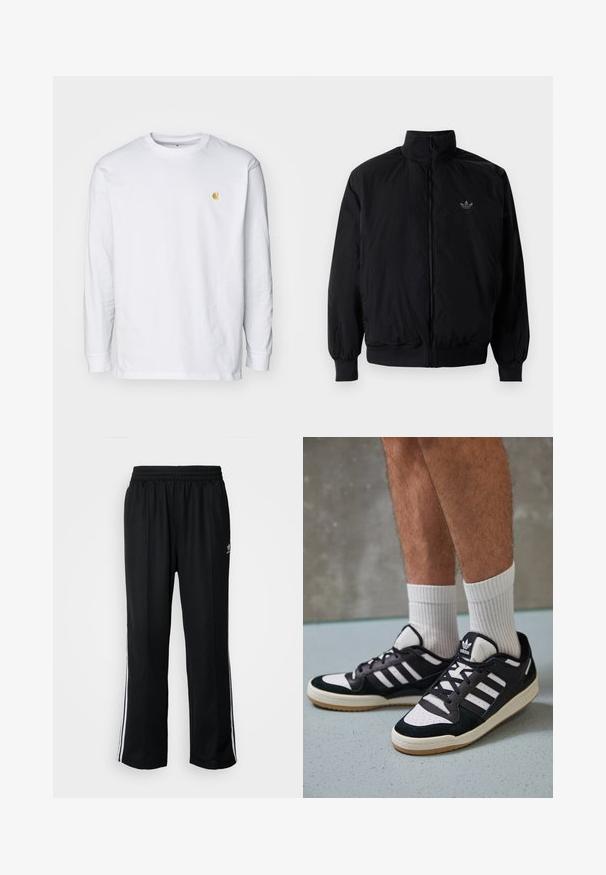 Black zipped jacket with high collar, made of lightweight material. Features elastic cuffs and waistband, with a small logo on the upper left.; White long-sleeve t-shirt made of cotton. Features a small golden logo on the chest and a crew neckline. Simple design and standard fit.; Black athletic pants with an elastic waistband, featuring white side stripes and a small logo. Material appears soft and lightweight.; Black and white sneakers with a suede and leather upper, featuring three white stripes, a perforated toe, and a gum rubber sole.