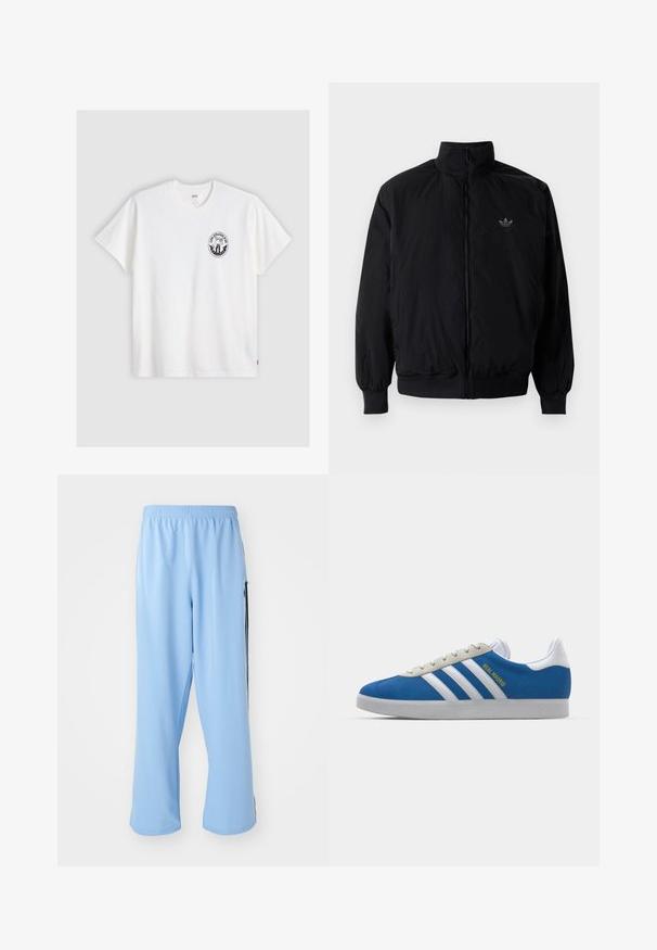 Black zipped jacket with high collar, made of lightweight material. Features elastic cuffs and waistband, with a small logo on the upper left.; White cotton t-shirt with short sleeves, round neck, and a black circular logo on the left chest featuring a stylized design.; Light blue athletic pants made from smooth fabric, featuring an elastic waistband and contrasting black side stripes.; adidas Originals ADIDAS GAZELLE SHOES - Indoor football boots - real madrid/bluebird/footwear white/crew yellow