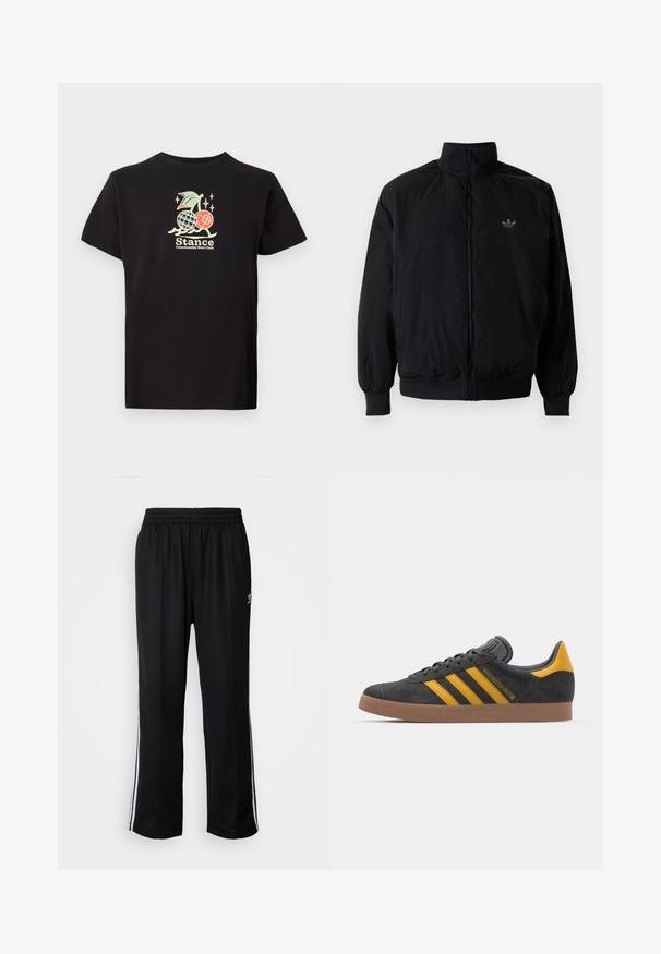 Musta vetoketjullinen takki, jossa on korkea kaulus, valmistettu kevyestä materiaalista. Varustettu joustavilla hihoilla ja vyötäröllä, ja ylävasemmalla on pieni logo.; Musta puuvillainen t-paita, jossa on värikäs graafinen painatus ananaksesta ja kirsikoista, teksti lukee "Stance Community Run Club". Lyhyet hihat.; Mustat urheiluhousut, joissa on joustava vyötärö, valkoiset sivuraidat ja pieni logo. Materiaali näyttää pehmeältä ja kevyeltä.; Mustat samettiset tennarit, joissa on keltaisia yksityiskohtia, kolmonen raita ja ruskea kumipohja. Sisältää pehmustetun kielisen mukavuutta varten.