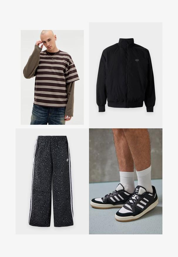 Schwarze Jacke mit Reißverschluss und hohem Kragen, aus leichtem Material gefertigt. Verfügt über elastische Bündchen und einen elastischen Saum, mit einem kleinen Logo oben links.; Braun- und beige gestreiftes kurzärmliges Hemd mit einer geschichteten langärmeligen Basis. Weicher Stoff, lockere Passform und runder Ausschnitt. Sichtbarer silberner Schmuck.; adidas Originals GRAPHIC UNISEX - Jogginghose - black; Schwarz-weiße Sneaker mit einem Obermaterial aus Wildleder und Leder, ausgestattet mit drei weißen Streifen, einer perforierten Zehenpartie und einer Sohle aus Gummi.