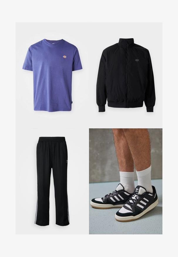 Black zipped jacket with high collar, made of lightweight material. Features elastic cuffs and waistband, with a small logo on the upper left.; Purple cotton t-shirt with a crew neck and short sleeves. Features a small logo on the chest. Smooth texture, casual fit.; Black athletic pants with an elastic waistband, featuring white side stripes and a small logo. Material appears soft and lightweight.; Black and white sneakers with a suede and leather upper, featuring three white stripes, a perforated toe, and a gum rubber sole.