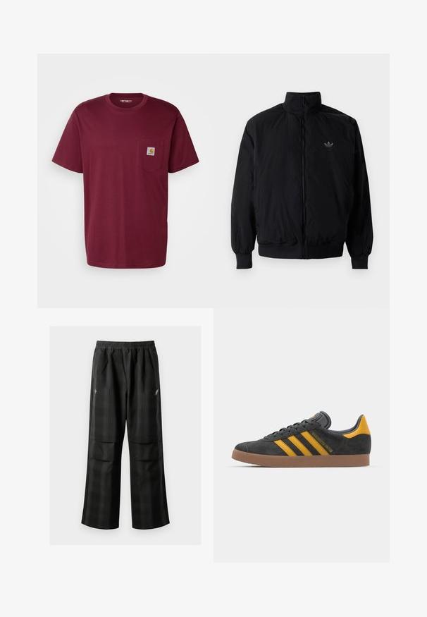 Black zipped jacket with high collar, made of lightweight material. Features elastic cuffs and waistband, with a small logo on the upper left.; Carhartt WIP POCKET - Basic T-shirt - malbec; Black plaid pants featuring an elastic waistband, two front pockets, and a loose fit with a straight leg design. Made from lightweight material.; Black suede sneaker with yellow accents, featuring three stripes and a brown rubber sole. Includes a padded tongue for comfort.