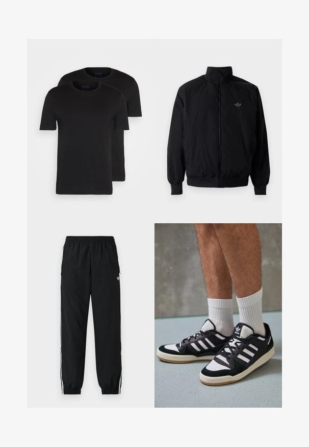 Zwarte geluiting jack met hoge kraag, gemaakt van lichtgewicht materiaal. Voorzien van elastische manchetten en tailleband, met een klein logo op de linkerbovenkant.; Esprit 2 PACK - T-shirt basic - black; Zwarte sportbroek met een elastische tailleband en gerimpelde boorden. Voorzien van witte zijstrepen en een klein logo aan de voorkant links.; Zwart-witte sneakers met een bovenwerk van suede en leer, voorzien van drie witte strepen, een geperforeerde neus en een rubberen gumzool.