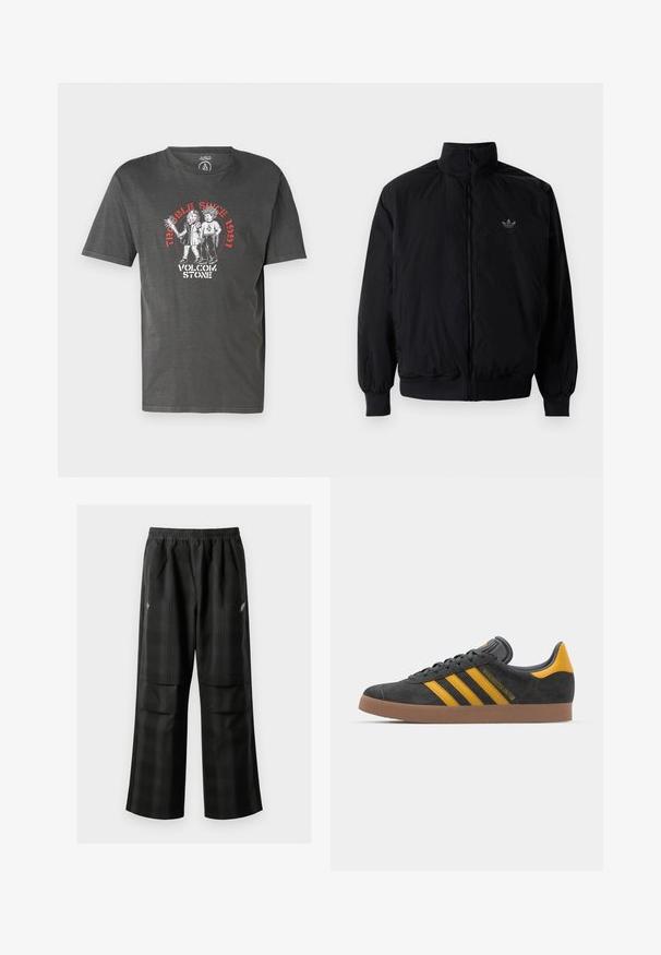 Black zipped jacket with high collar, made of lightweight material. Features elastic cuffs and waistband, with a small logo on the upper left.; Dark gray t-shirt made of cotton with a relaxed fit. Features a graphic print of two figures and text "Trouble Since 1991" in red.; Black plaid pants featuring an elastic waistband, two front pockets, and a loose fit with a straight leg design. Made from lightweight material.; Black suede sneaker with yellow accents, featuring three stripes and a brown rubber sole. Includes a padded tongue for comfort.