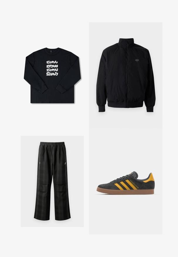 Musta vetoketjullinen takki, jossa on korkea kaulus, valmistettu kevyestä materiaalista. Varustettu joustavilla hihoilla ja vyötäröllä, ja ylävasemmalla on pieni logo.; Musta pitkähiha sweatshirt, jossa on valkoisia toistuvia graafisia logoja tyylitellyllä tekstillä edessä. Valmistettu pehmeästä kankaasta.; Mustat ruudulliset housut, joissa on joustava vyötärö, kaksi etutaskua ja rento istuvuus suoralla lahkeella. Valmistettu kevyestä materiaalista.; Mustat samettiset tennarit, joissa on keltaisia yksityiskohtia, kolmonen raita ja ruskea kumipohja. Sisältää pehmustetun kielisen mukavuutta varten.