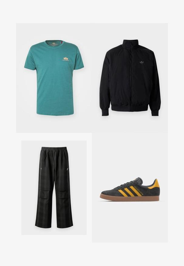 Black zipped jacket with high collar, made of lightweight material. Features elastic cuffs and waistband, with a small logo on the upper left.; Teal cotton t-shirt with a round neck, short sleeves, and a small orange logo on the left chest. Smooth texture, casual design.; Black plaid pants featuring an elastic waistband, two front pockets, and a loose fit with a straight leg design. Made from lightweight material.; Black suede sneaker with yellow accents, featuring three stripes and a brown rubber sole. Includes a padded tongue for comfort.