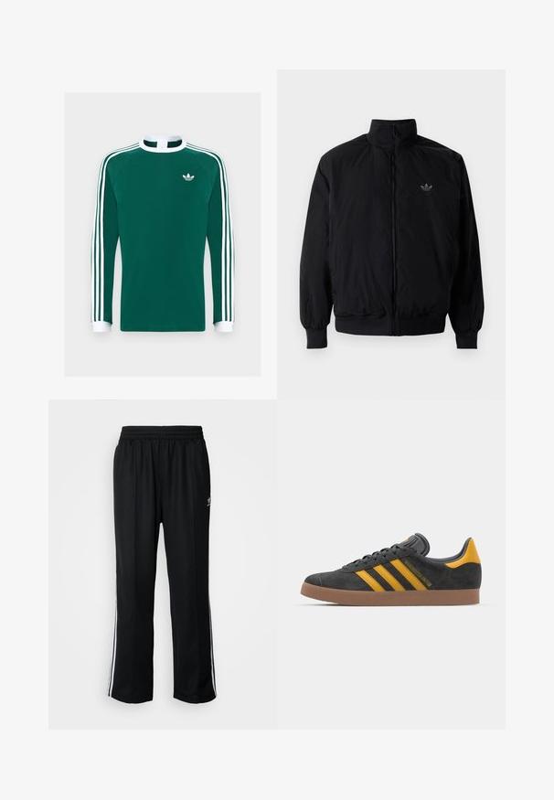 Black zipped jacket with high collar, made of lightweight material. Features elastic cuffs and waistband, with a small logo on the upper left.; Long-sleeve green cotton shirt with white collar and cuffs, featuring three white stripes on each sleeve and a small white logo on the chest.; Black athletic pants with an elastic waistband, featuring white side stripes and a small logo. Material appears soft and lightweight.; Black suede sneaker with yellow accents, featuring three stripes and a brown rubber sole. Includes a padded tongue for comfort.