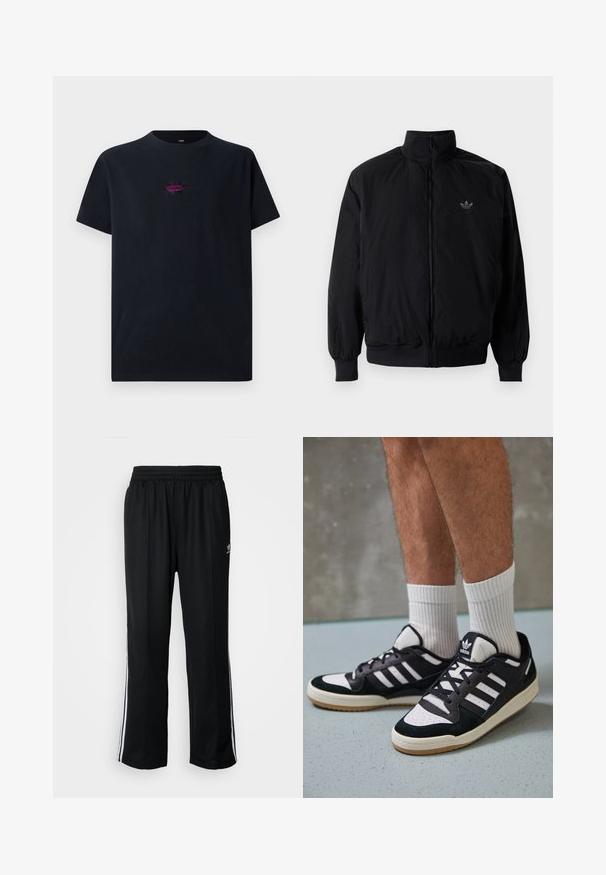 Sort lynlåsjakke med høj krave, fremstillet af letvægtsmateriale. Har elastiske manchetter og talje, med et lille logo på øverste venstre side.; Sort bomulds T-shirt med korte ærmer, der har et centralt broderet design i lilla med en spidse stjerneform og teksten "FORMER".; Sorte træningsbukser med elastisk talje, der har hvide sidestænger og et lille logo. Materialet ser blødt og let ud.; Sorte og hvide sneakers med en overdel i ruskind og læder, der har tre hvide striber, en perforeret tå og en sål i gummigummi.