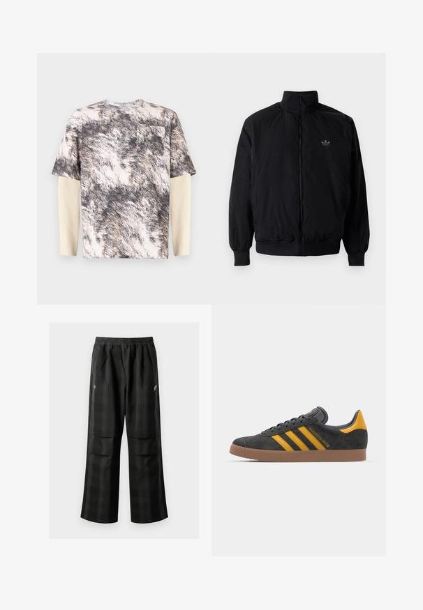 Giacca nera con zip e colletto alto, realizzata in materiale leggero. Presenta polsini e vita elastici, con un piccolo logo in alto a sinistra.; Camicia a maniche corte con un motivo astratto grigio e beige a texture, caratterizzata da una tasca sul petto e maniche lunghe sovrapposte in texture a coste.; Pantaloni a quadri neri con vita elasticizzata, due tasche frontali e una vestibilità ampia con design a gamba dritta. Realizzati in materiale leggero.; Sneaker in suede nero con dettagli gialli, dotato di tre strisce e una suola in gomma marrone. Include una linguetta imbottita per il comfort.