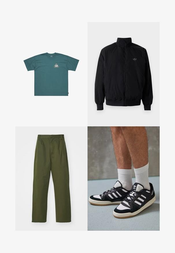 Sort lynlåsjakke med høj krave, fremstillet af letvægtsmateriale. Har elastiske manchetter og talje, med et lille logo på øverste venstre side.; Teal bomulds T-shirt med korte ærmer og løs pasform. Har en trekantet grafik med farverigt design og mærkenavn på brystet.; Olivengrønne, høj talje bukser med lige ben design. Fremstillet af et letvægtsmateriale, med frontplisser og knaplukning.; Sorte og hvide sneakers med en overdel i ruskind og læder, der har tre hvide striber, en perforeret tå og en sål i gummigummi.