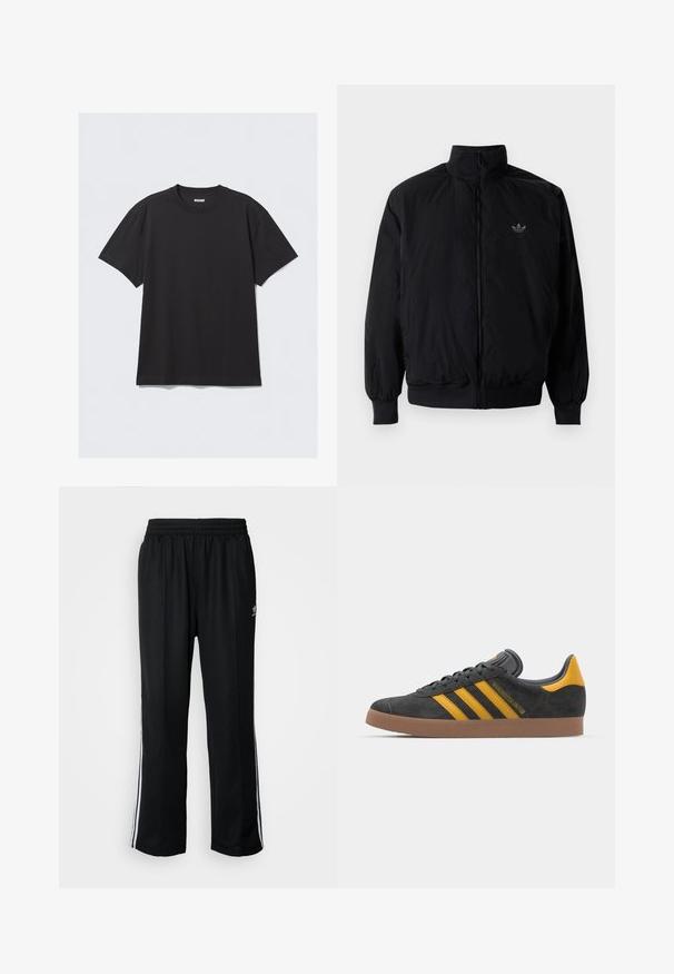 Crna jakna na zip s visokim ovratnikom, izrađena od laganog materijala. Ima elastične manžete i pojas, s malim logotipom na gornjem lijevom dijelu.; Crna majica kratkih rukava od pamuka. Ima okrugli izrez i opušteni kroj. Jednostavan dizajn bez vidljivih uzoraka ili akcentskih detalja.; Crne sportske hlače s elastičnom trakom oko struka, s bijelim bočnim prugama i malim logotipom. Materijal izgleda mekan i lagan.; Crne nubuk tenisice s žutim detaljima, sa tri pruge i smešnim gumenim potplatom. Imaju jastučić na jeziku za udobnost.