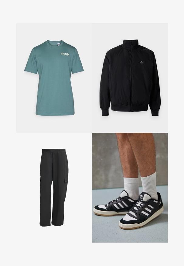 Black zipped jacket with high collar, made of lightweight material. Features elastic cuffs and waistband, with a small logo on the upper left.; adidas Performance FC BAYERN M�NCHEN SZN TEE - Basic T-shirt - hazy emerald; Black cargo pants with an elastic waistband, featuring side pockets, loose fit, and a textured fabric. Designed for comfort and utility.; Black and white sneakers with a suede and leather upper, featuring three white stripes, a perforated toe, and a gum rubber sole.