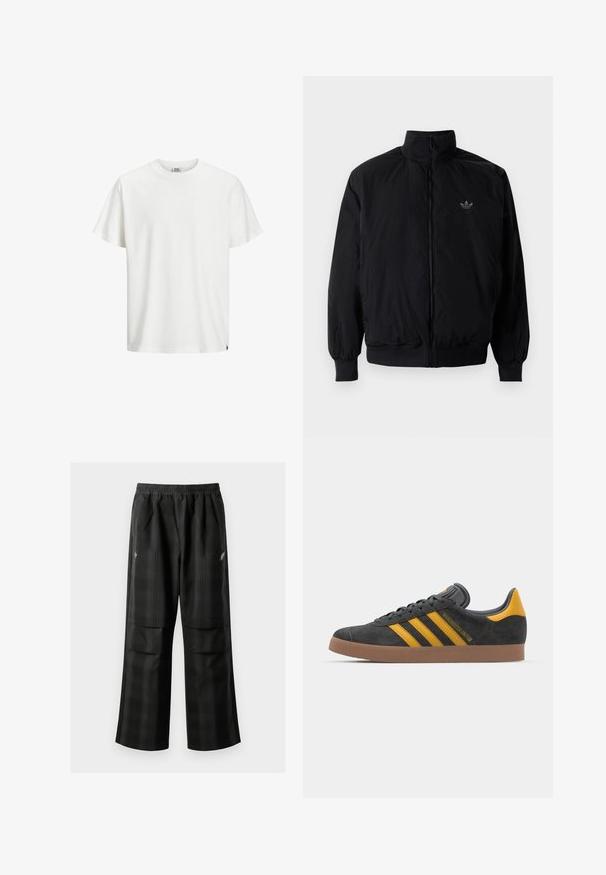 Zwarte geluiting jack met hoge kraag, gemaakt van lichtgewicht materiaal. Voorzien van elastische manchetten en tailleband, met een klein logo op de linkerbovenkant.; Witte katoenen t-shirt met een klassieke ronde hals, korte mouwen en een rechte onderrand. Kenmerkend door zijn eenvoudige ontwerp en zachte textuur.; Zwarte geruite broek met een elastische tailleband, twee voorzakken en een losse pasvorm met een rechte pijpdesign. Gemaakt van lichtgewicht materiaal.; Zwarte suède sneakers met gele accenten, voorzien van drie strepen en een bruine rubberen zool. Inclusief een gevoerde tong voor comfort.