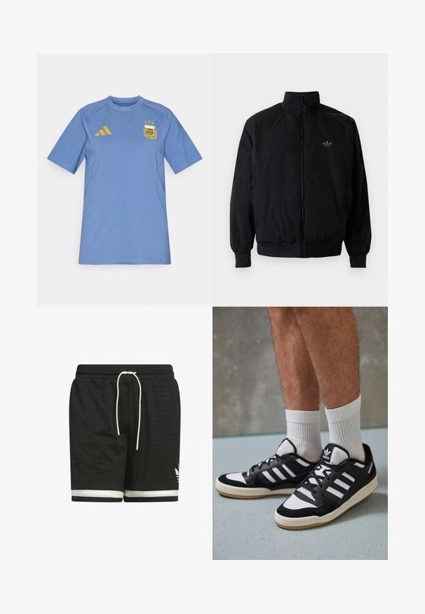 Black zipped jacket with high collar, made of lightweight material. Features elastic cuffs and waistband, with a small logo on the upper left.; Light blue sports jersey made of soft fabric. Features short sleeves, a round collar, gold accents, and a logo on the left chest.; Black athletic shorts made of textured mesh fabric. Features a white drawstring and white stripe along the hem. Adidas logo in white.; Black and white sneakers with a suede and leather upper, featuring three white stripes, a perforated toe, and a gum rubber sole.