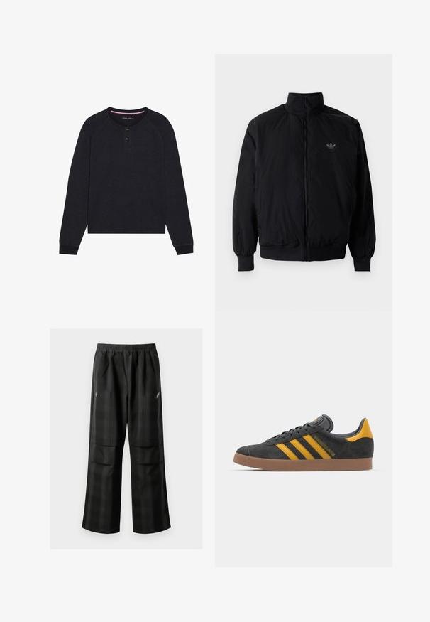 Black zipped jacket with high collar, made of lightweight material. Features elastic cuffs and waistband, with a small logo on the upper left.; Black long-sleeve henley shirt with a rounded neckline, two button placket, and raglan sleeves. Fabric appears soft with a textured finish.; Black plaid pants featuring an elastic waistband, two front pockets, and a loose fit with a straight leg design. Made from lightweight material.; Black suede sneaker with yellow accents, featuring three stripes and a brown rubber sole. Includes a padded tongue for comfort.