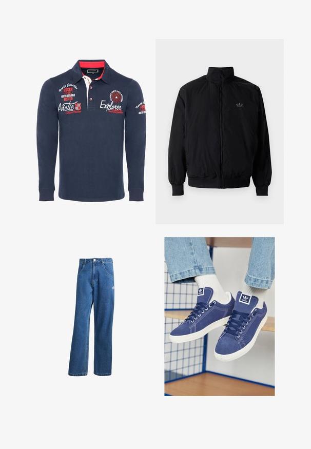 Zwarte geluiting jack met hoge kraag, gemaakt van lichtgewicht materiaal. Voorzien van elastische manchetten en tailleband, met een klein logo op de linkerbovenkant.; Navy lange mouw polo shirt van katoen, met een kraag, rode accenten en geborduurde tekst en graphics op de borst en mouwen.; Blauwe hoge taille wijde spijkerbroek met voorzakken, riemlussen, knoopsluiting en klein Adidas-logo op de rechterdij.; Marineblauwe Adidas-sneakers van suède, met witte rubberen zolen, ronde neuzen en een logopatch op de tong. Helderwitte sokken zichtbaar.