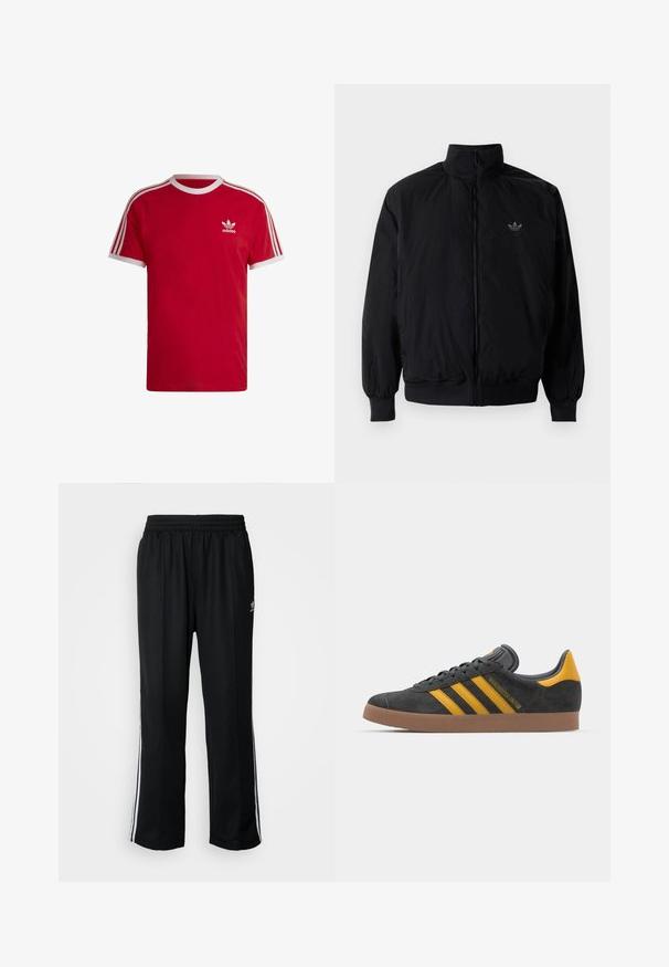 Černá zipová bunda s vysokým límcem, vyrobená z lehkého materiálu. Má elastické manžety a pas, s malým logem na horní levé straně.; Červené bavlněné tričko s bílým žebrovaným kulatým výstřihem, na rukávech se třemi bílými pruhy a malým bílým logem na hrudi.; Černé sportovní kalhoty s elastickým pasem, s bílými bočními pruhy a malým logem. Materiál vypadá měkce a lehce.; Černé semišové tenisky se žlutými akcenty, vybavené třemi pruhy a hnědou gumovou podrážkou. Obsahují polstrovaný jazyk pro pohodlí.